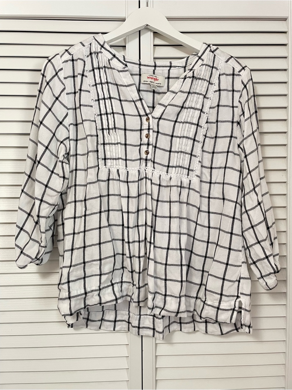 Wrangler Plaid Blouse White Black 3/4 Sleeve Casual Top Women’s Size Large
